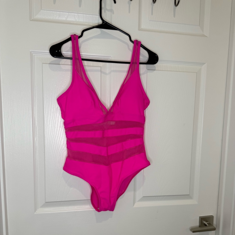 Pink One Piece Swimsuit Sz‎ M padded bra see through stripes